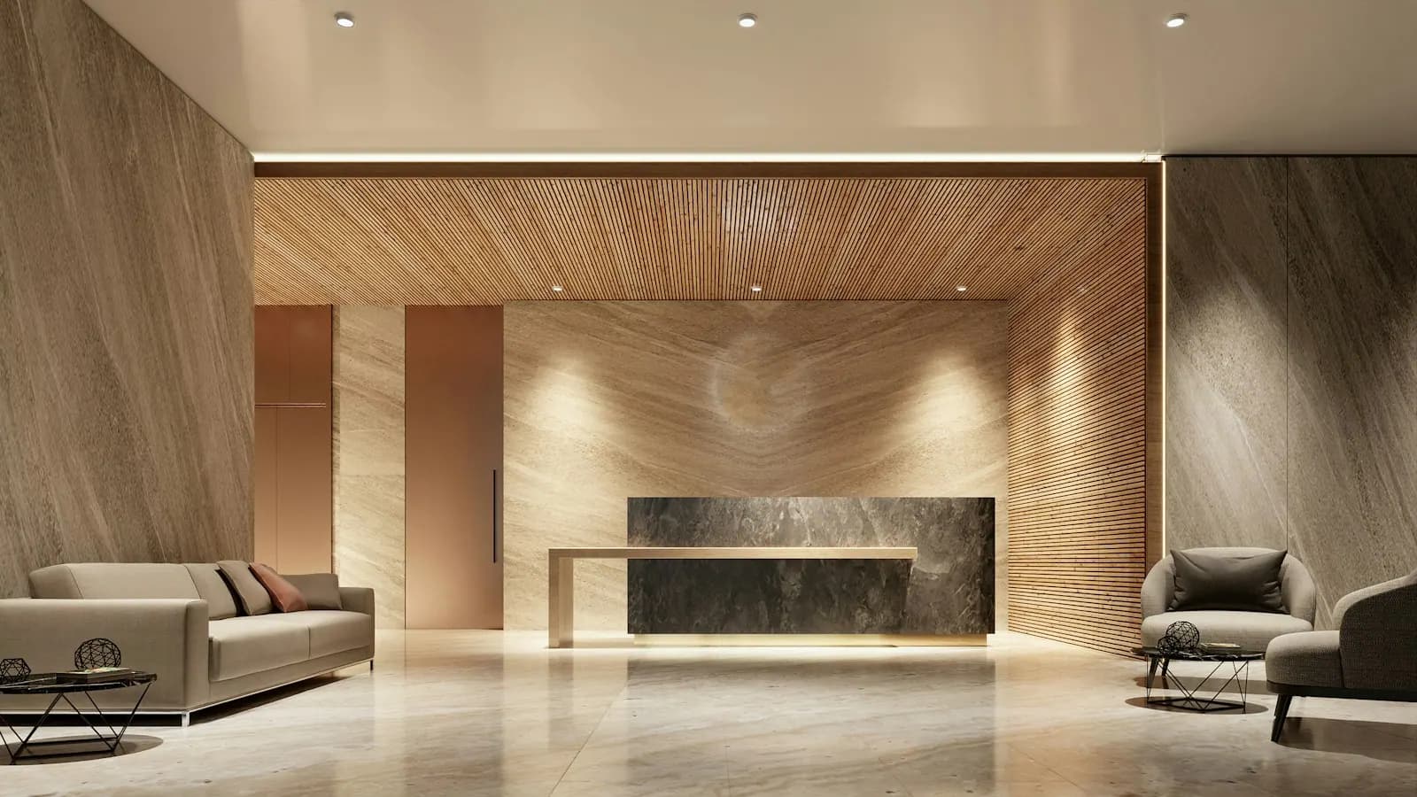 Modern office lobby with a stone reception desk
