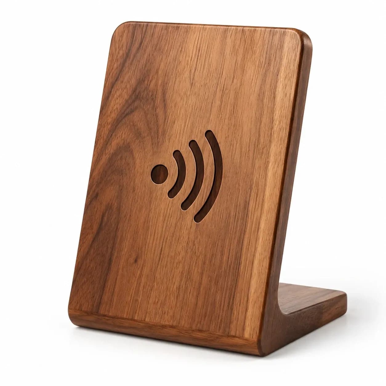 Walnut NFC counter stand with an engraved contactless symbol